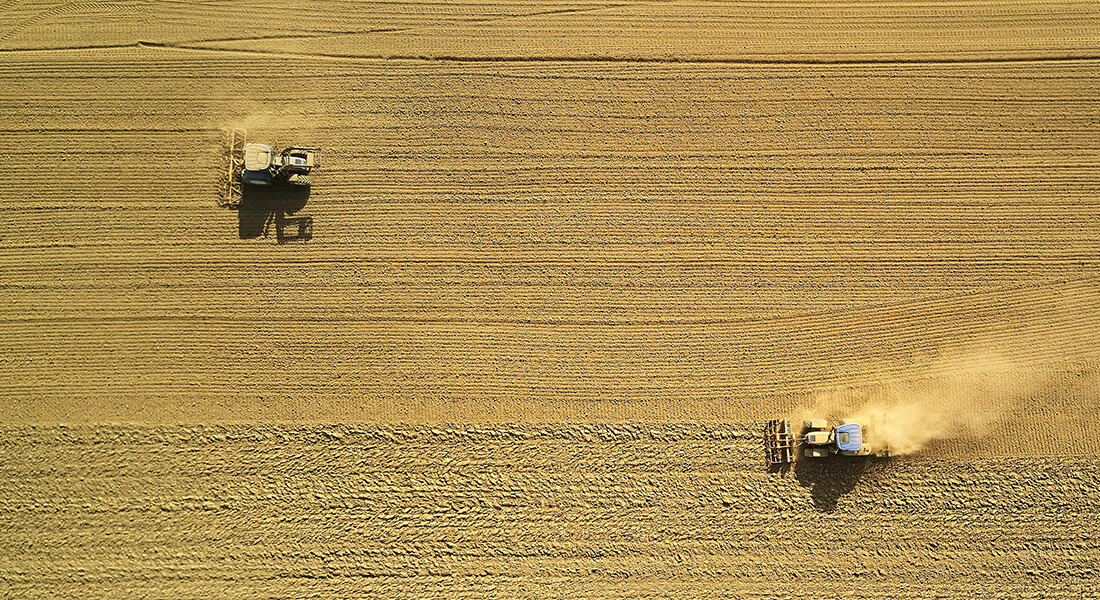 Tractors plowing field