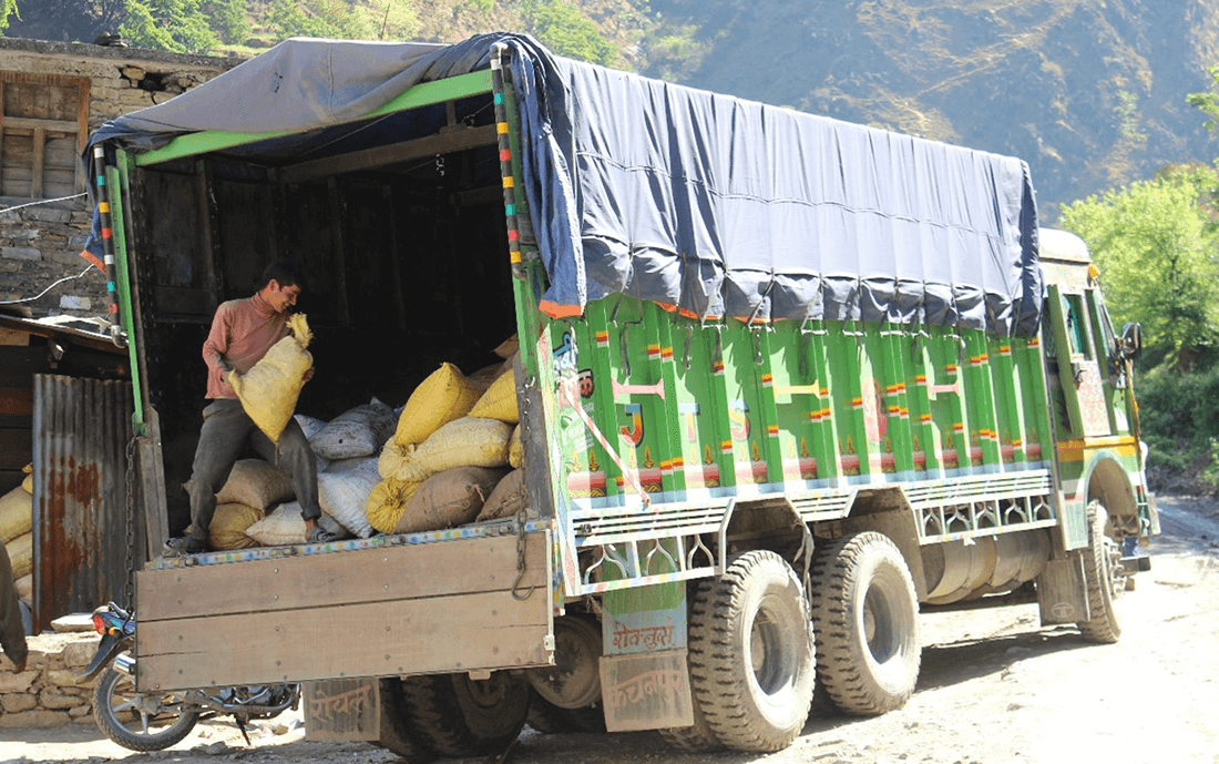 En lastbil fyldes med sække med N. jatamansi jordstængler i det vestlige Nepal
