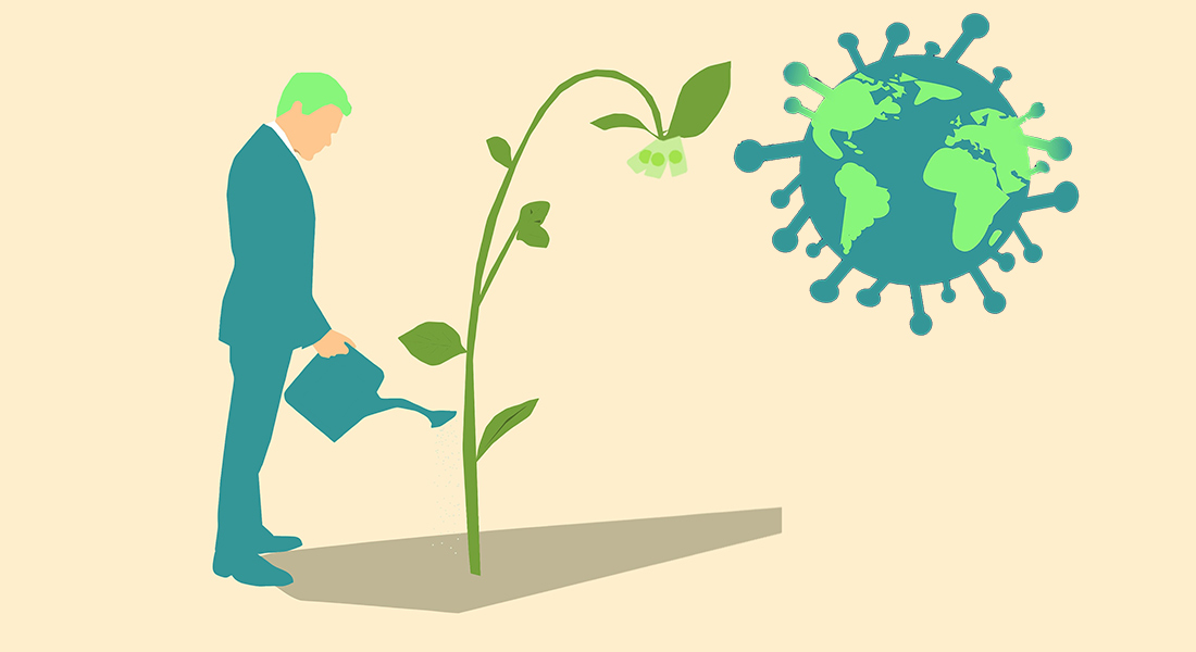 Illustration of a person in a business suit watering a plant sprouting money. The sun is a globe in the shape of a coronavirus.